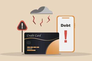 smartphone, credit card, and debt with attention sign vector