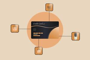 A credit card is shown with a shopping cart and a cell phone vector
