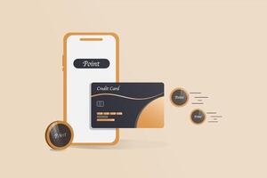 A phone screen shows a credit card and coins vector