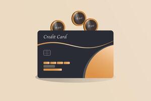 A credit card with three coins on top of it vector