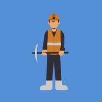 A man in a yellow vest is holding a pickaxe vector