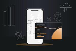 Cell phone and credit card are displayed on a black background vector