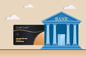 A credit card is shown next to a bank building vector