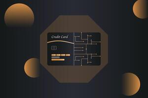Credit card is shown with a black background and gold accents and digital circuit vector
