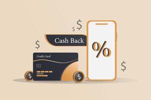 A credit card and a cell phone are shown with a sign that says Cash Back vector