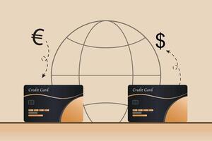 Two credit cards are shown on a table one of from the United States and the other from Europe vector