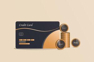 A credit card is shown with a stack of coins on top of it vector