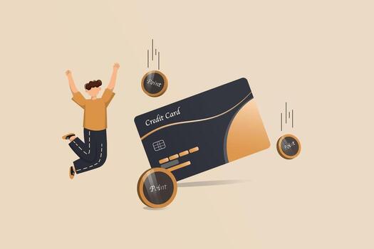 A man is jumping in the air with a stack of coins and a credit card vector