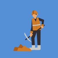 A man in a safety vest is holding a pickaxe vector