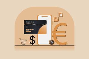 A credit card is shown next to a cell phone and a shopping cart vector