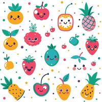 a set of fruit and vegetables with faces and smiles vector