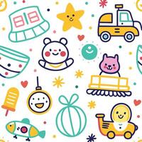 a colorful pattern with toys and other items vector