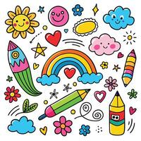 a set of colorful doodles with a rainbow, clouds, and other items vector