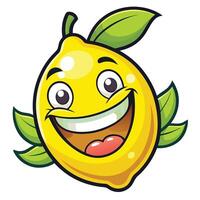 a cartoon lemon with a big smile and leafy green leaves vector