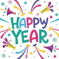 happy new year greeting card with colorful fireworks and bells vector