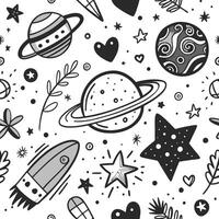 a black and white space themed pattern with planets, stars and other objects vector