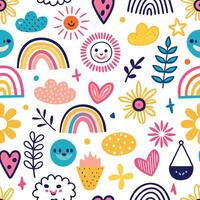 a colorful pattern with rainbows, hearts, clouds and other items vector