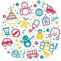 a colorful circle with various toys and objects vector