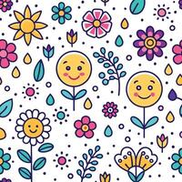 seamless pattern with flowers and smiley faces vector