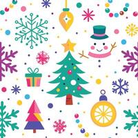 christmas seamless pattern with snowman, tree, snowflakes and other decorations vector