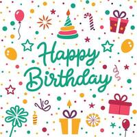 happy birthday card with colorful objects vector