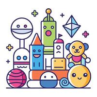 a cartoon character is surrounded by toys and other objects vector