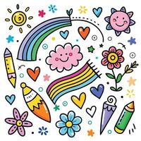 a colorful set of doodles with a rainbow, flowers, and other items vector