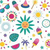summer seamless pattern with sun, ice cream, palm tree, and other items vector