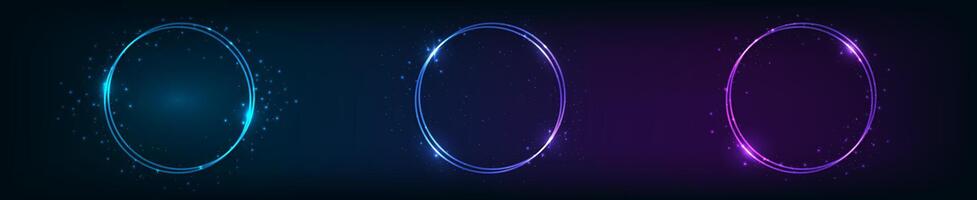 Neon double round frame with shining effects vector