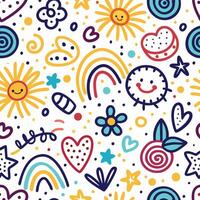 a colorful pattern with hearts, sun, and stars vector