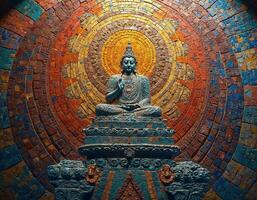 a buddha statue is sitting in front of a colorful mosaic wall photo