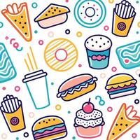 fast food icons and patterns on a white background vector