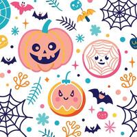 halloween seamless pattern with pumpkins, bats and spiders vector