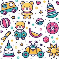 a colorful pattern with toys and other items vector