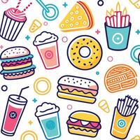 fast food seamless pattern with hamburgers, fries and drinks vector