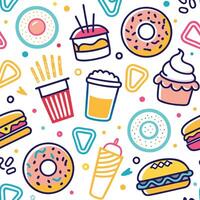 fast food seamless pattern with donuts, coffee and other items vector