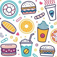 fast food icons set, including hamburger, fries, donut, coffee and soda vector