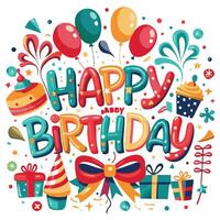 happy birthday card with colorful balloons, cupcakes, cake and other items vector