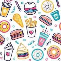 fast food seamless pattern with hamburgers, fries and donuts vector