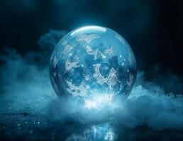 a crystal sphere with a blue sky and clouds surrounded by smokes on an ornate wooden table on dark background photo