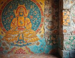 colorful buddha mural mosaic in the buddha temple in luang prabang photo
