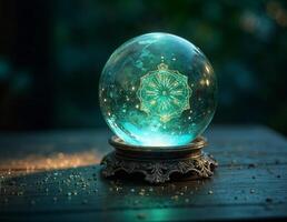a crystal sphere ball with a glowing religious symbol design inside of it is on an ornate wooden table photo