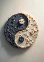 a yin yang symbol made of black and white dirts on a white surface photo