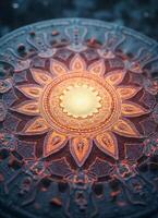 a colorful circular design of mandala with a sun in the center on purple background photo