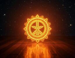 a glowing orange peace sign on a wooden floor with dark starry sky background photo