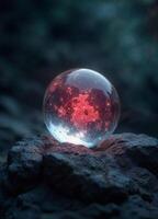 a crsytal sphere ball with red glowing water shining through it on the rocks surafce photo