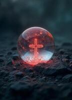 a crystal sphere ball with a glowing red cross inside on rocks photo
