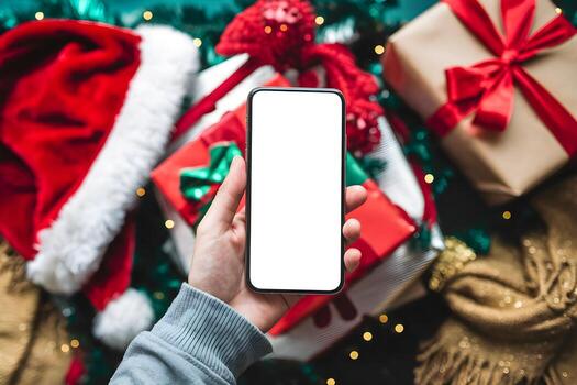 Hand holds smartphone with festive items around, capturing holiday shopping atmosphere photo
