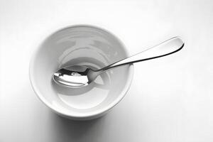 White ceramic cup with spoon, set against clean background, highlighting simplicity photo