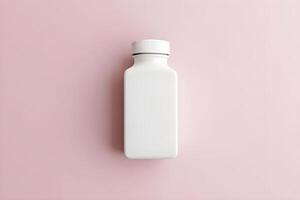 Rectangular bottle with white cap on pink background, minimalist skincare product branding photo
